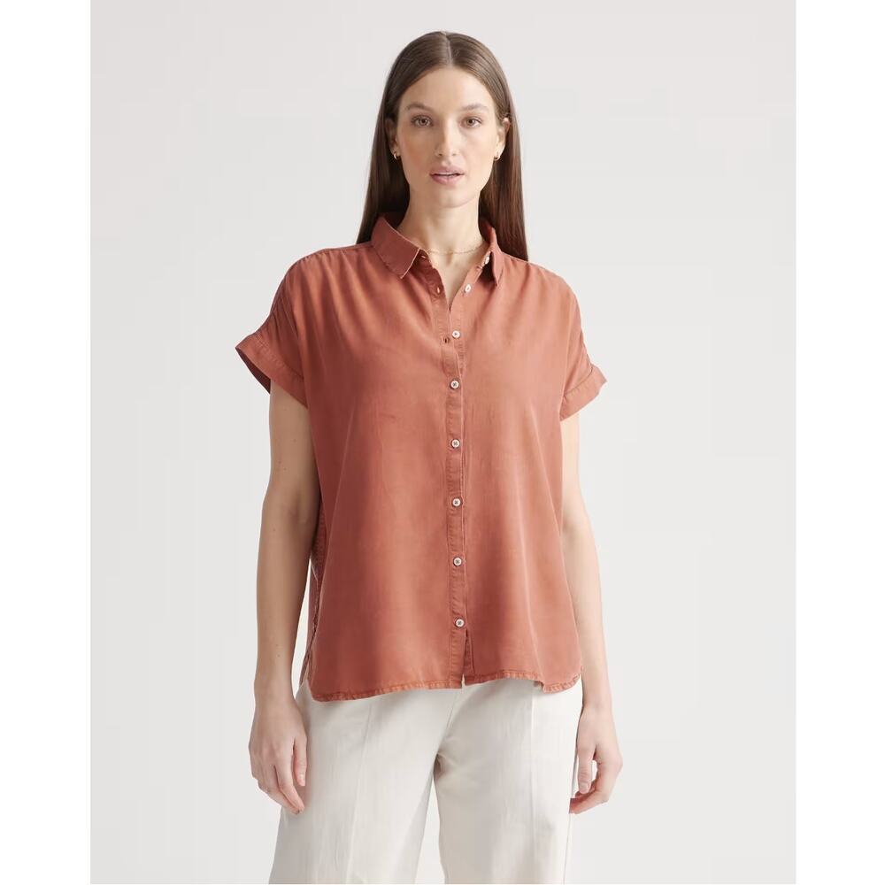 Quince Womens Vintage Wash Tencel Camp Shirt Terracotta Sleeved Size S